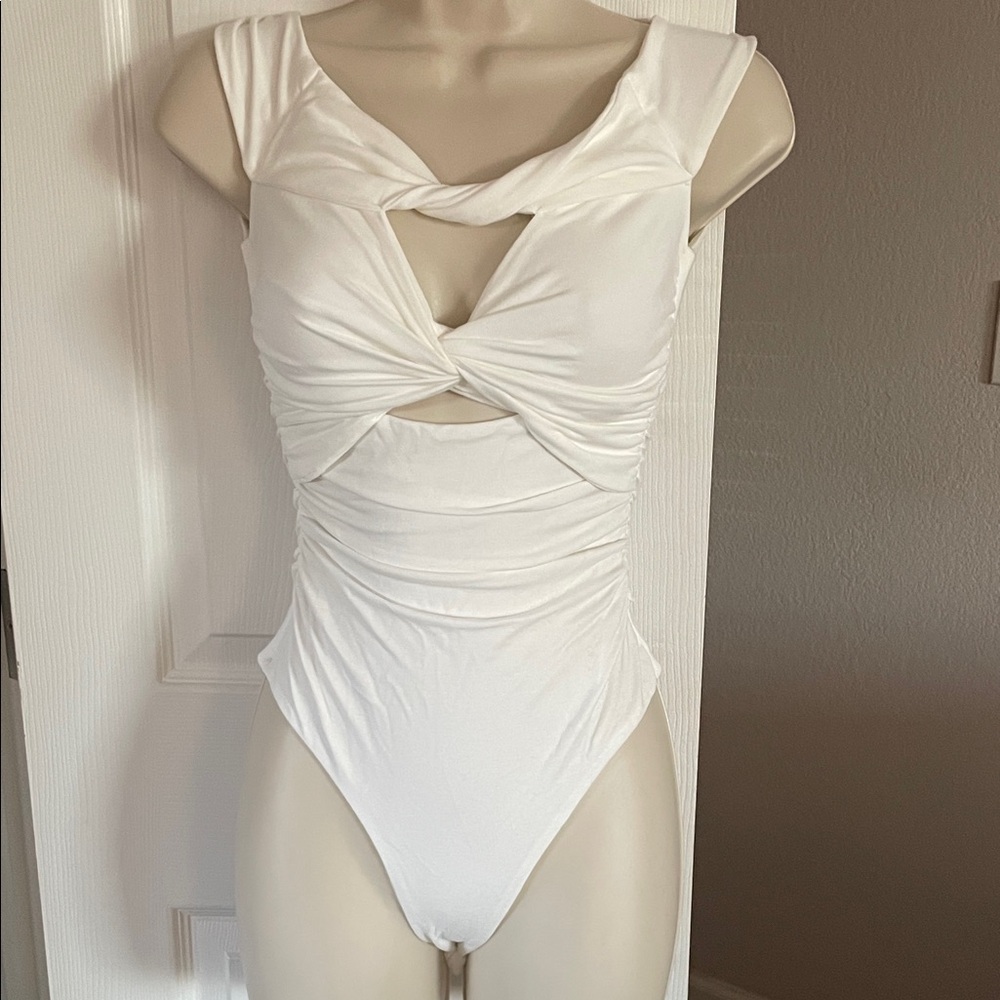 Astr White Twist-Front Bandeau Bodysuit #89